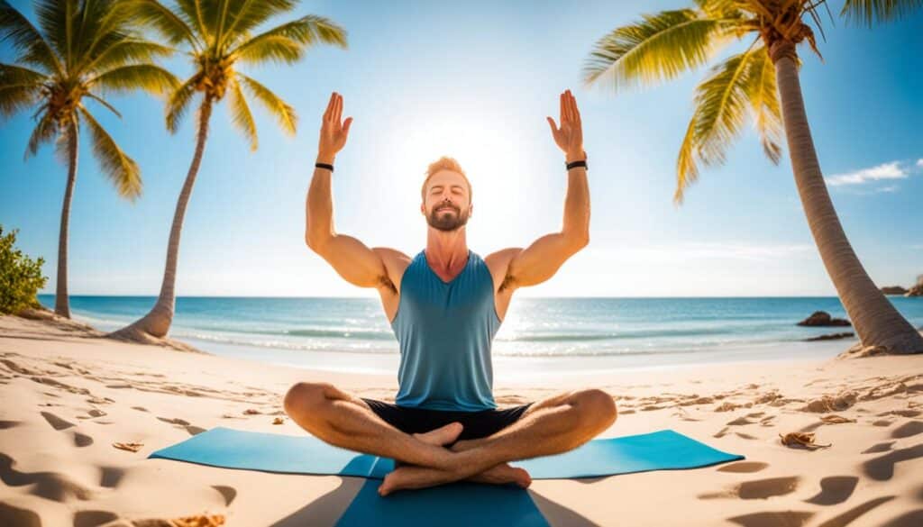 Man op het strand die yoga oefeningen aan het dus is 